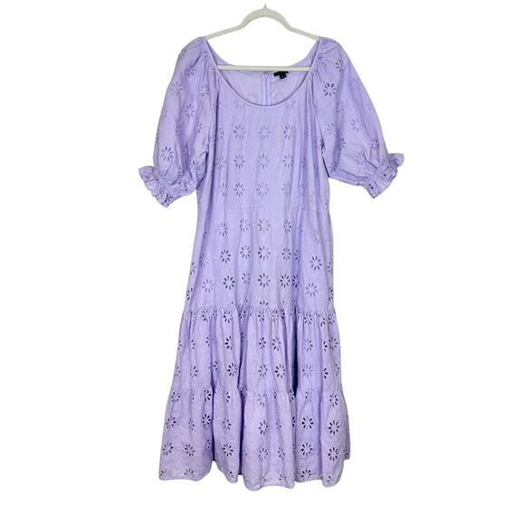 Ann Taylor Dress 18 Purple Eyelet Lace Scoop Neck Maxi Ruffle Puff Sleeve Midi - Picture 2 of 16
